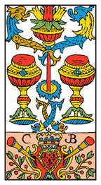 Decorative card with colorful symbols and a crest at the bottom