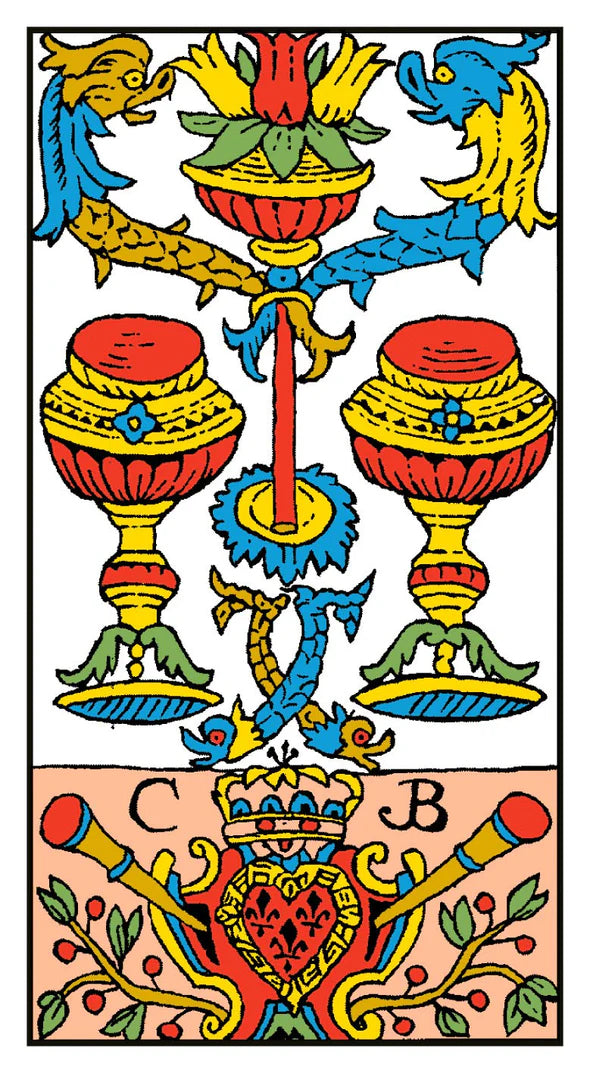 Decorative card with colorful symbols and a crest at the bottom