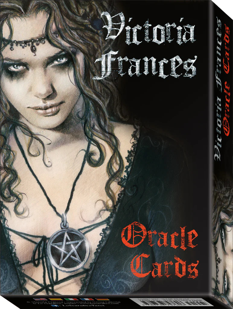 Box of Victoria Frances Oracle Cards with a stylized illustration of a woman with a pentacle necklace.