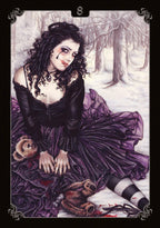 Artistic illustration of a woman in a purple dress sitting in a snowy forest with teddy bears.
