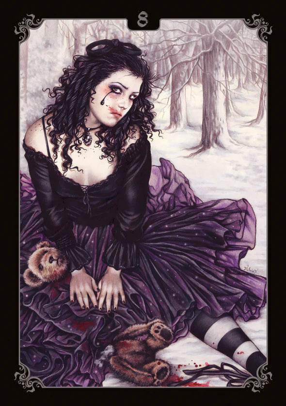 Artistic illustration of a woman in a purple dress sitting in a snowy forest with teddy bears.