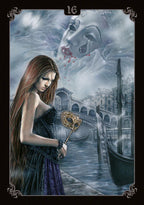 Artistic depiction of a woman holding a mask with a snowy scene and a horse in the background.