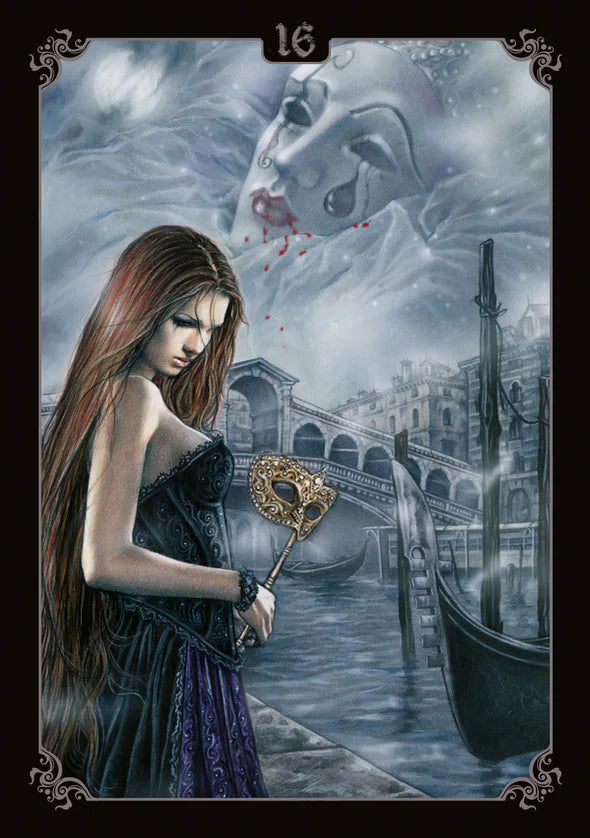 Artistic depiction of a woman holding a mask with a snowy scene and a horse in the background.