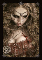 Artistic depiction of a woman with long hair and a pentacle necklace, surrounded by leaves.
