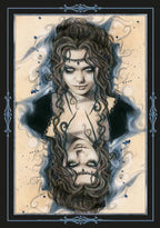 Artistic illustration of a woman with flowing hair and decorative elements.
