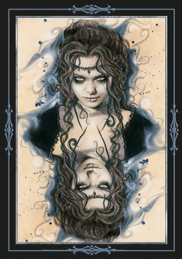 Artistic illustration of a woman with flowing hair and decorative elements.