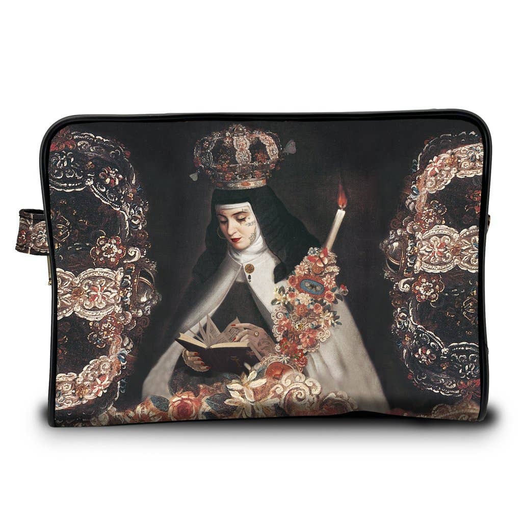 A rectangular zippered pouch featuring a detailed print of a religious painting depicting a nun in a crown and veil holding a book and candle, framed by ornate floral patterns on a black background.