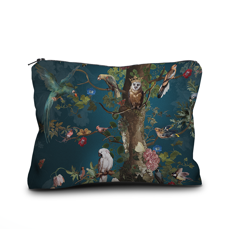 Pouch with nature-themed design featuring animals and plants on a blue background