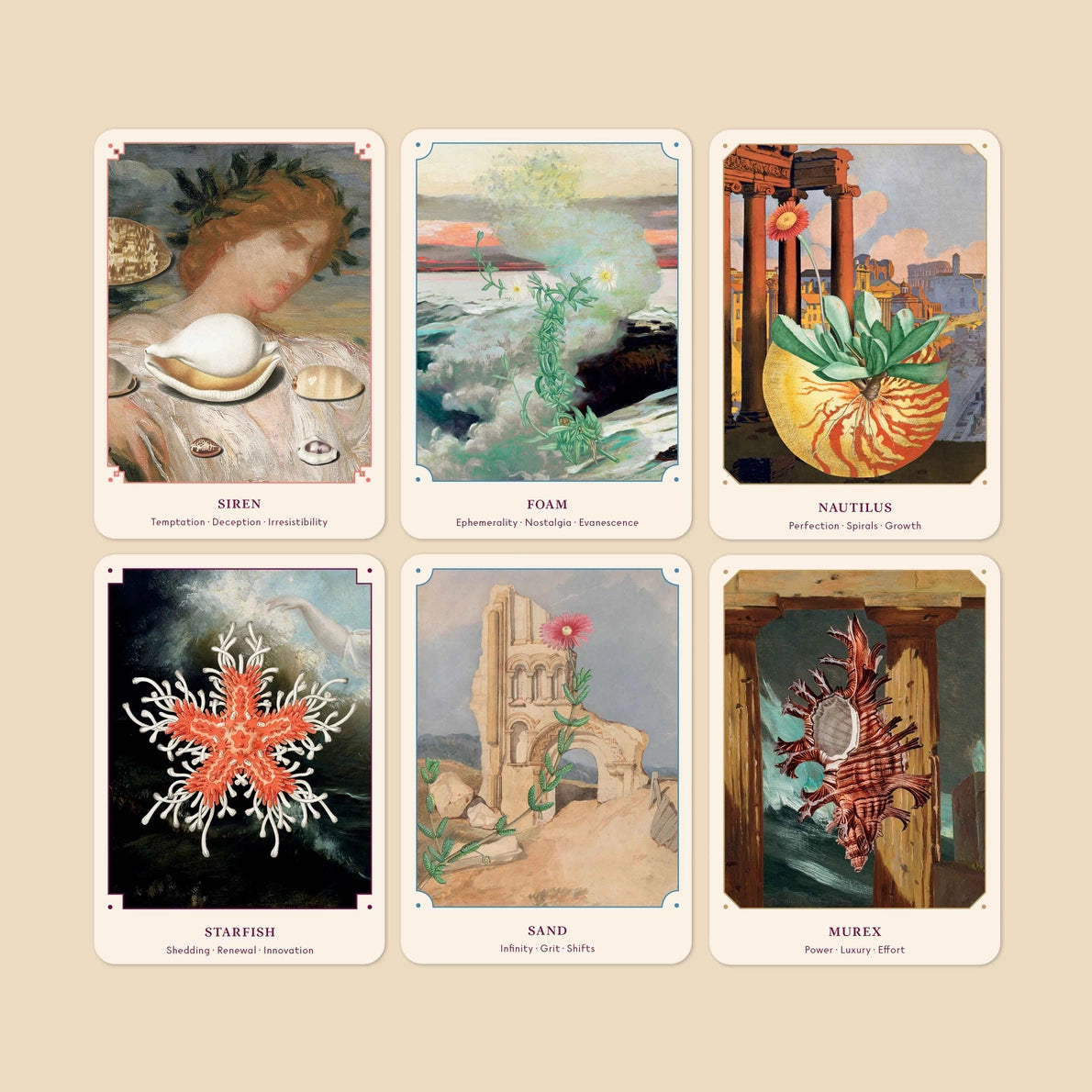 Set of six tarot cards with artistic illustrations and text on a beige background