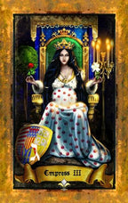 Tarot card featuring an empress with a crown and a shield, set against a decorative background.