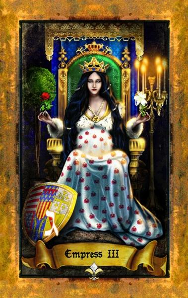 Tarot card featuring an empress with a crown and a shield, set against a decorative background.
