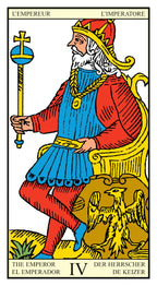 Tarot card featuring 'The Emperor' with a king holding a scepter and sitting on a throne.