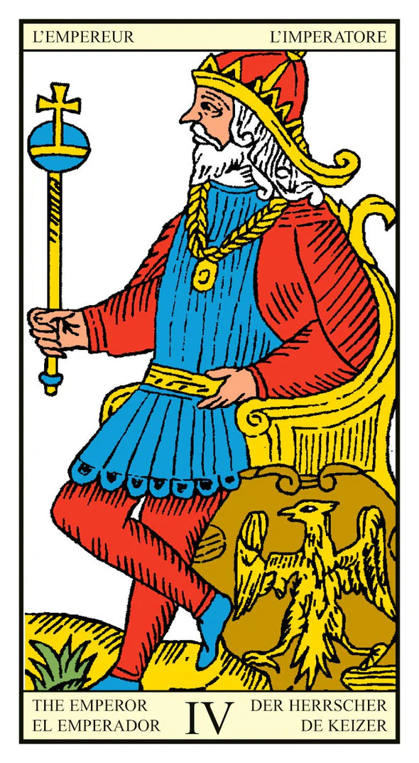 Tarot card featuring 'The Emperor' with a king holding a scepter and sitting on a throne.