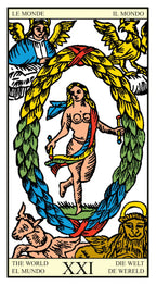 Tarot card titled 'The World' with symbolic figures and elements.