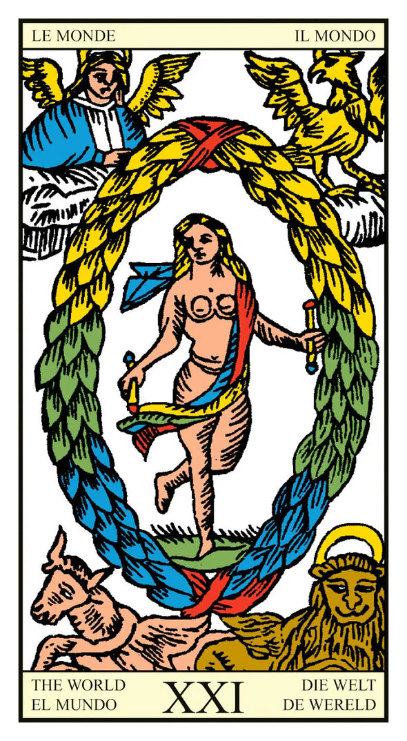 Tarot card titled 'The World' with symbolic figures and elements.
