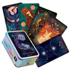 Animal Tarot cards with colorful designs and a tin box on a white background