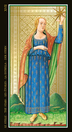Card XVII The Stars from a tarot deck featuring a woman in a blue dress holding a star, with decorative border and text on the sides.