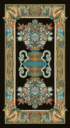 Decorative design with floral elements and ornate frame on a black background - the back of the Visconti Tarot Deck.
