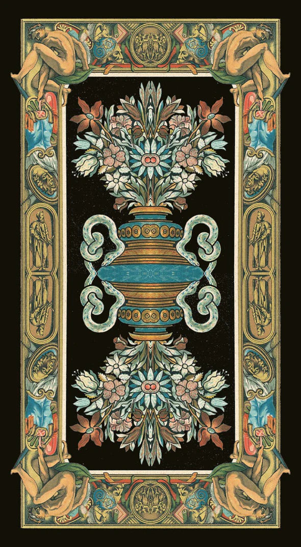 Decorative design with floral elements and ornate frame on a black background - the back of the Visconti Tarot Deck.