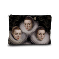 A rectangular zippered pouch featuring a printed design of three historical women with white ruffs against a dark ornate background, shown on a plain white studio background.