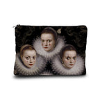 A rectangular zippered pouch featuring a printed design of three historical women with white ruffs against a dark ornate background, shown on a plain white studio background.