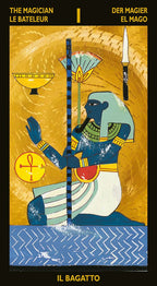 Tarot card featuring a figure with an ankh symbol against a yellow and blue background, labeled 'The Magician' by Il Bagatto.