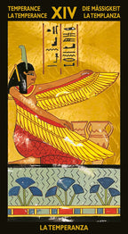Card from a tarot deck featuring an Egyptian-style illustration of a woman with wings and hieroglyphics.