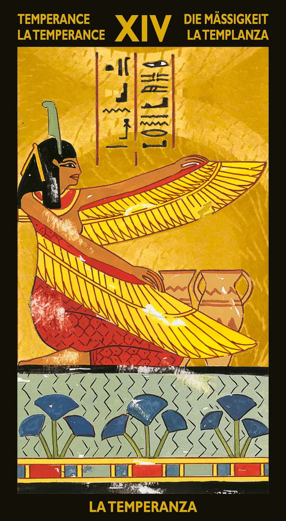 Card from a tarot deck featuring an Egyptian-style illustration of a woman with wings and hieroglyphics.