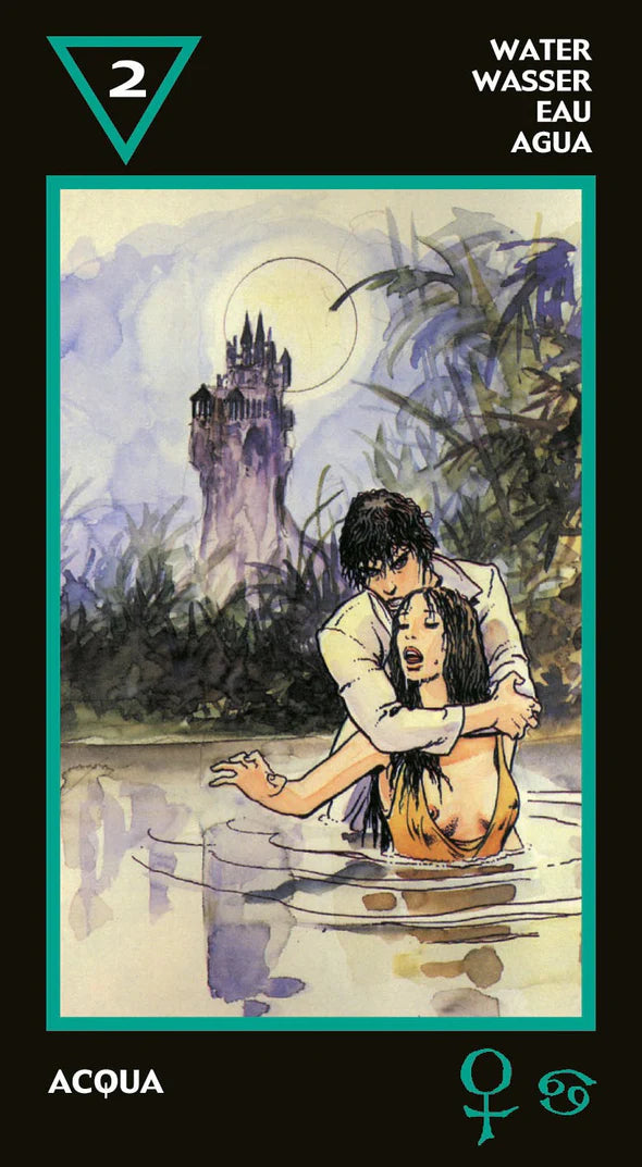 Tarot card featuring a couple embracing by water with a castle in the background, labeled 'Water' in multiple languages.