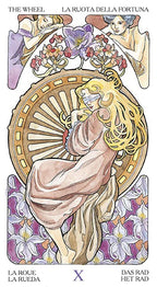 Decorative card with a stylized woman and wheel, surrounded by flowers, in an Art Nouveau style.