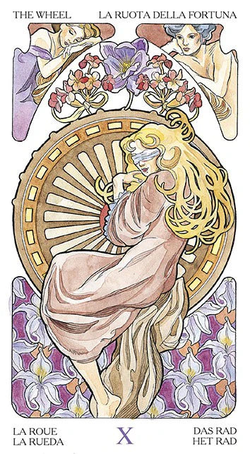 Decorative card with a stylized woman and wheel, surrounded by flowers, in an Art Nouveau style.