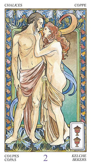 Art Nouveau-style card featuring two figures embracing with decorative elements.