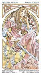 Art Nouveau-style tarot card featuring a woman holding a sword.