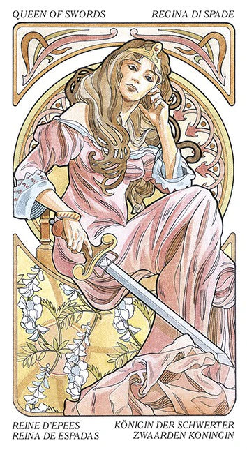 Art Nouveau-style tarot card featuring a woman holding a sword.