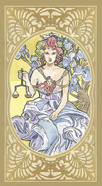 Artistic depiction of a woman holding scales, surrounded by flowers, in an ornate frame.
