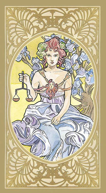 Artistic depiction of a woman holding scales, surrounded by flowers, in an ornate frame.