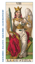 Card from a tarot deck featuring an angel with a sword and scale, labeled 'La Giustizia'.