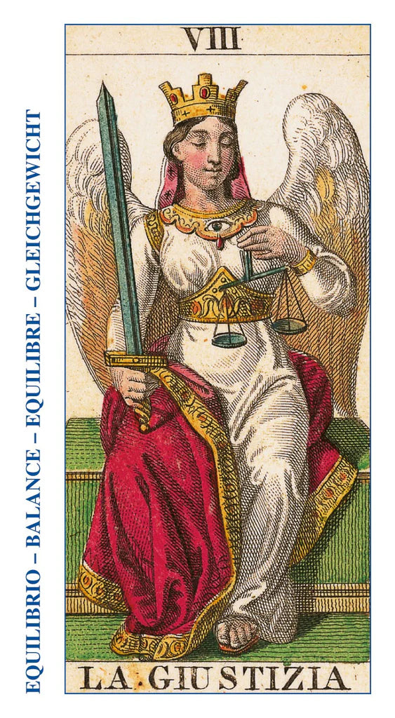 Card from a tarot deck featuring an angel with a sword and scale, labeled 'La Giustizia'.