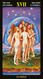 Card featuring a group of nude figures under a starry sky, with text around it.