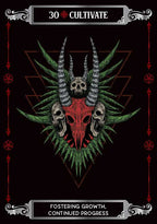 Decorative design with a central skull and horns on a black background, featuring text '30 Cultivate' and 'Fostering Growth, Continued Progress'.