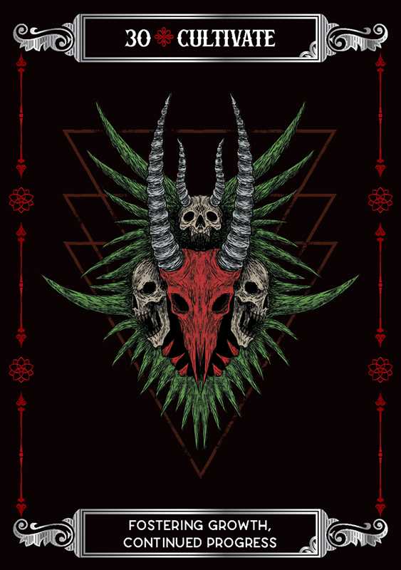 Decorative design with a central skull and horns on a black background, featuring text '30 Cultivate' and 'Fostering Growth, Continued Progress'.