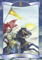 Card featuring a knight on a horse with flags and mountains in the background