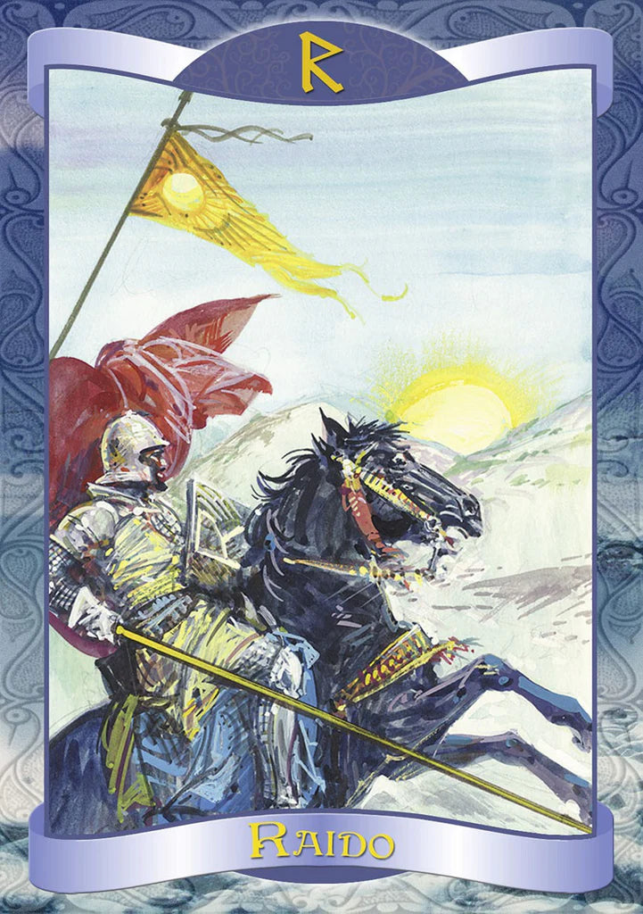 Card featuring a knight on a horse with flags and mountains in the background