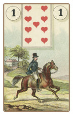 Card with a rider on a horse and hearts symbol, likely from a tarot or card game set.