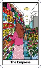 Card titled 'The Empress' featuring a woman shopping in a colorful grocery store.