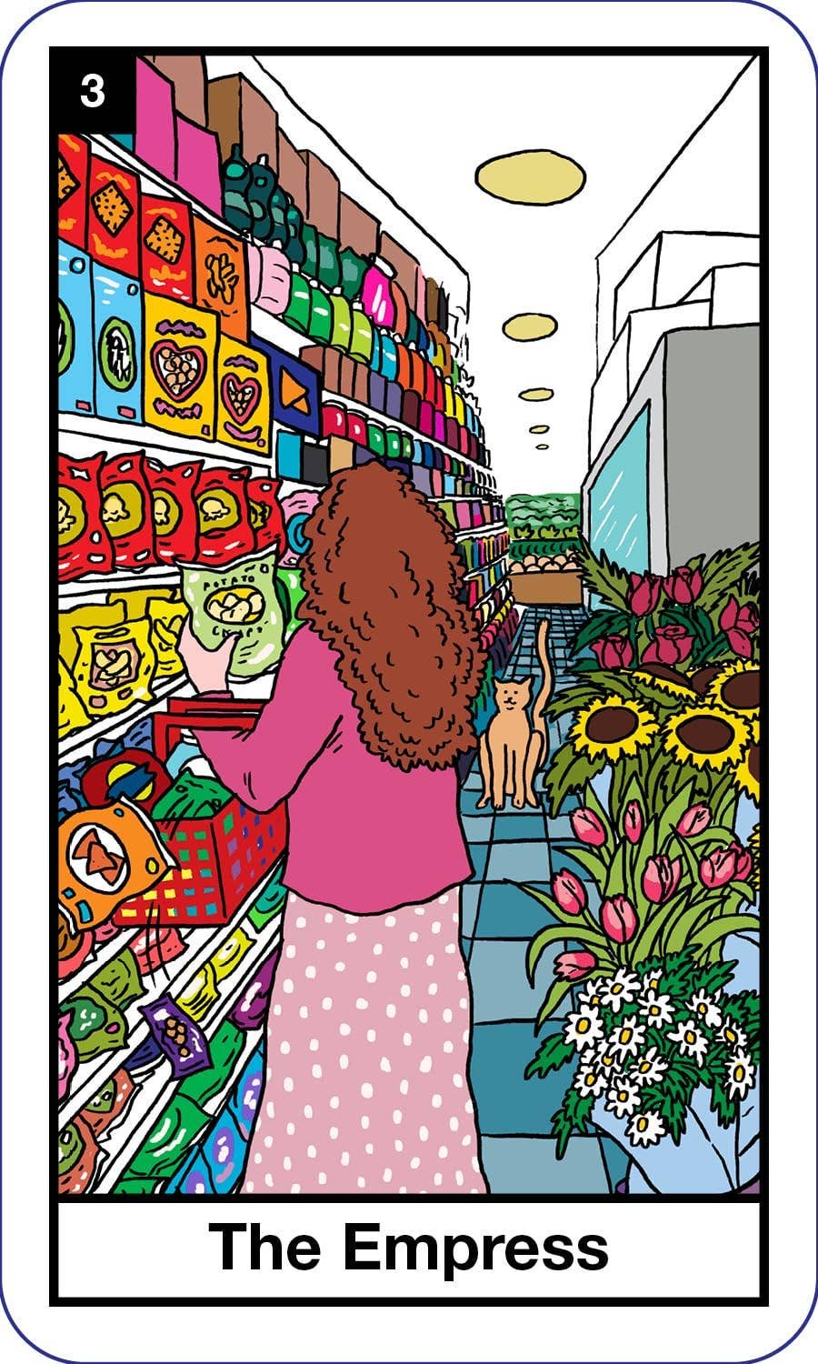 Card titled 'The Empress' featuring a woman shopping in a colorful grocery store.