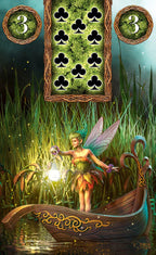 Fairy in a boat with glowing light, surrounded by nature elements and card design.