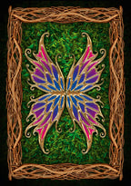 Decorative butterfly with purple and pink wings on a green background, framed by woven brown wood.