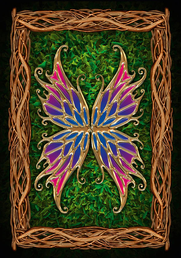 Decorative butterfly with purple and pink wings on a green background, framed by woven brown wood.