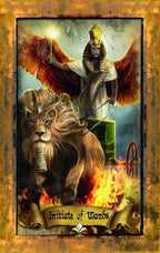 Tarot card featuring a lion and an eagle with a Pharaoh-like figure, titled 'Initiate of Wands'.